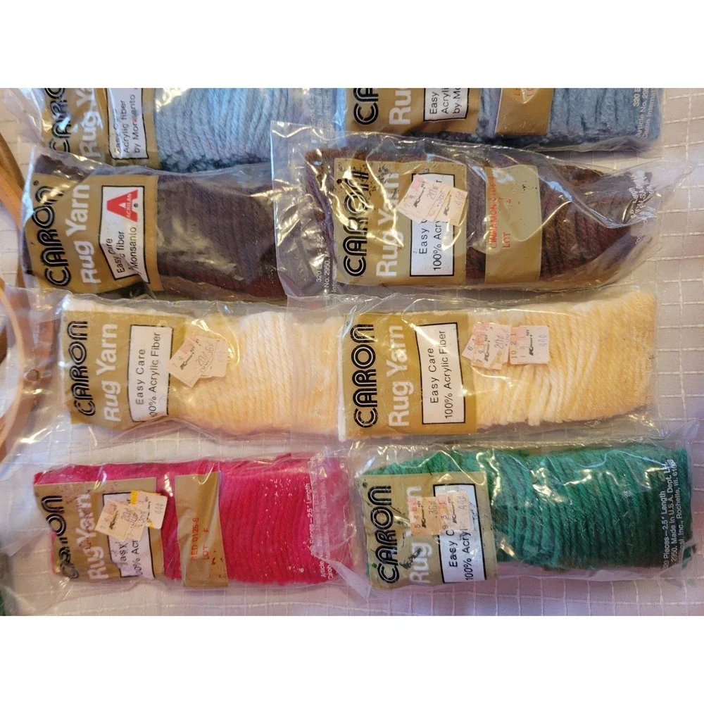 Vintage Needlework Lot Caron Rug Yarn Embroidery Hoops Sayelle Pom Pom Maker